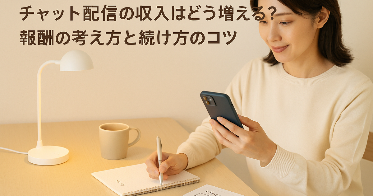 収支メモを見ながらスマホでチャット配信の準備をする女性のイメージ