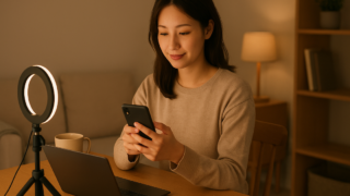 明るい部屋でスマホを見ながら配信副業の安全ポイントを確認している女性のデスク