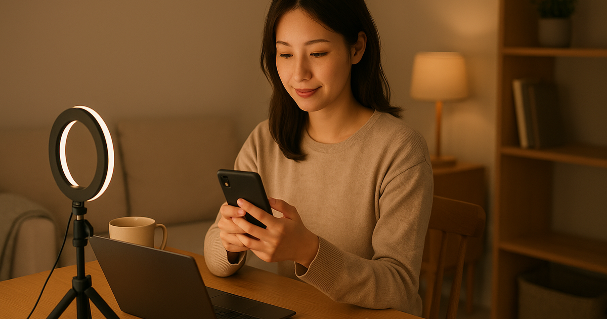 明るい部屋でスマホを見ながら配信副業の安全ポイントを確認している女性のデスク