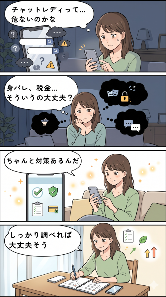 副業に対して不安を抱く女性の４コマ漫画 不安を解消してから始める流れ